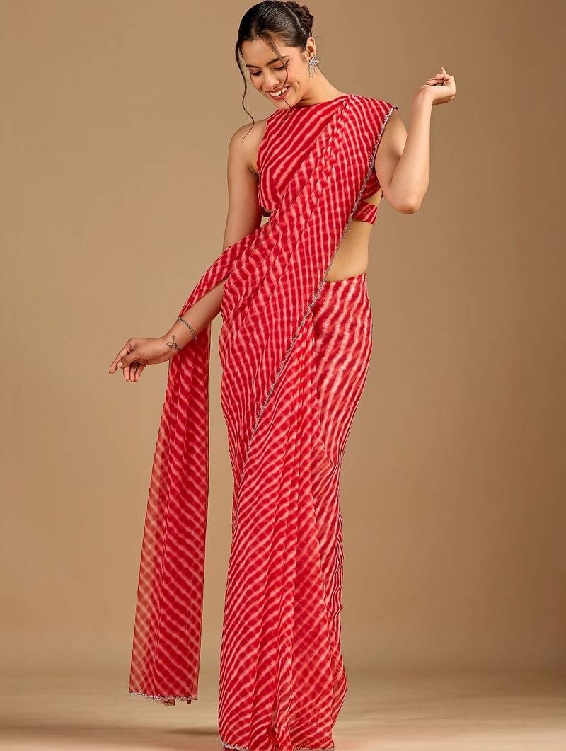 Red Leheriya Beads and Stones work Chiffon Saree with blouse