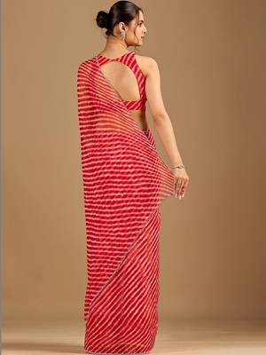 Red Leheriya Beads and Stones work Chiffon Saree with blouse 5