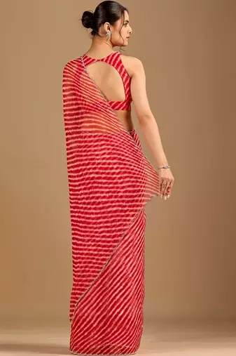Red Leheriya Beads and Stones work Chiffon Saree with blouse