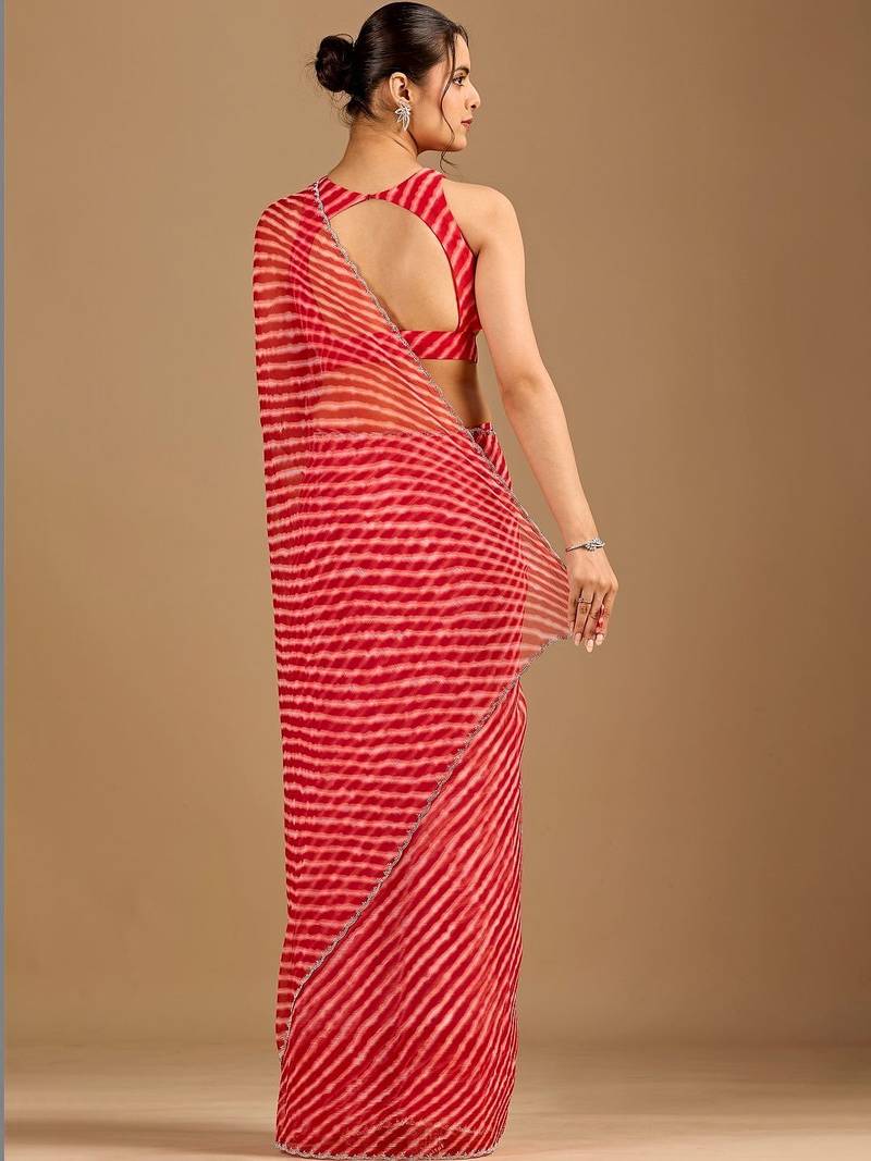 Red Leheriya Beads and Stones work Chiffon Saree with blouse