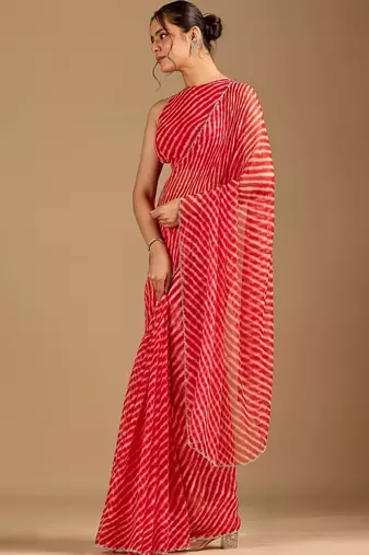 Red Leheriya Beads and Stones work Chiffon Saree with blouse