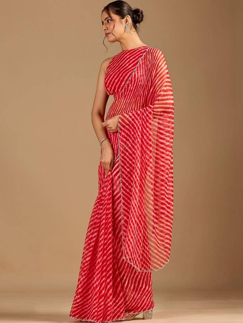 Red Leheriya Beads and Stones work Chiffon Saree with blouse