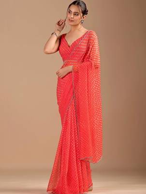 Red Leheriya Beads and Stones work Chiffon Saree with blouse 2