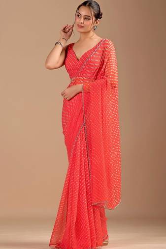 Red Leheriya Beads and Stones work Chiffon Saree with blouse