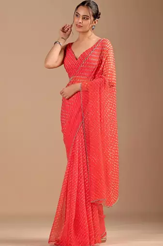 Red Leheriya Beads and Stones work Chiffon Saree with blouse