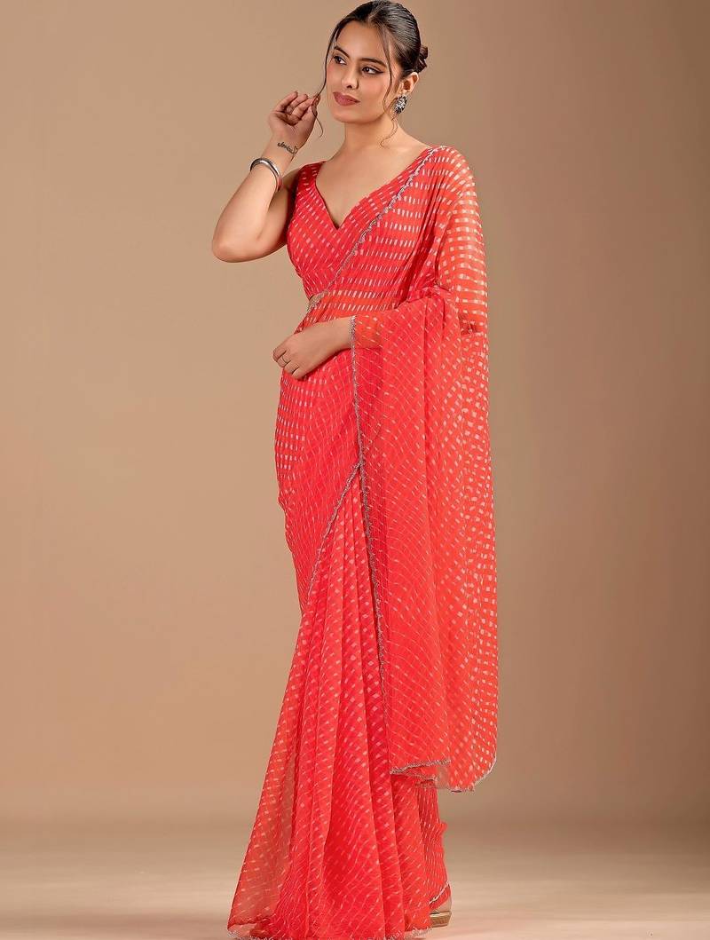 Red Leheriya Beads and Stones work Chiffon Saree with blouse