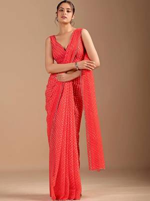 Red Leheriya Beads and Stones work Chiffon Saree with blouse 3