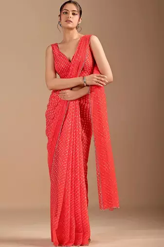 Red Leheriya Beads and Stones work Chiffon Saree with blouse