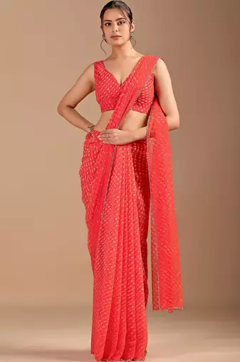 Red Leheriya Beads and Stones work Chiffon Saree with blouse