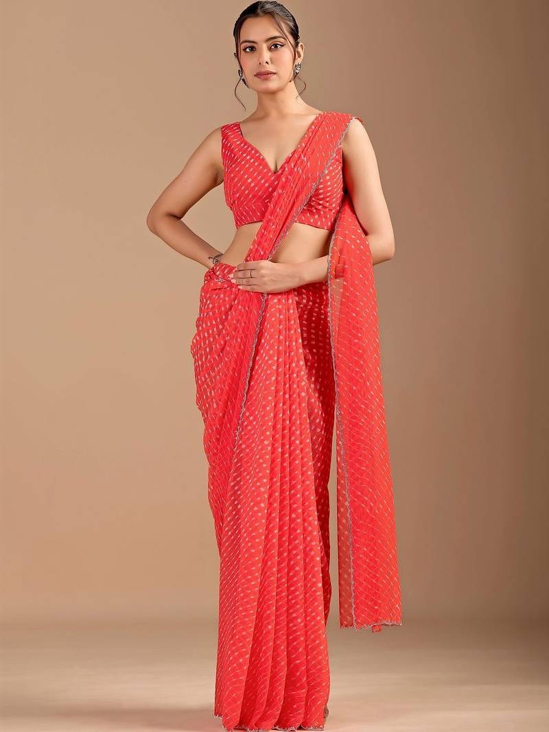 Red Leheriya Beads and Stones work Chiffon Saree with blouse
