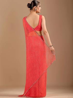 Red Leheriya Beads and Stones work Chiffon Saree with blouse 6