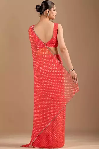 Red Leheriya Beads and Stones work Chiffon Saree with blouse