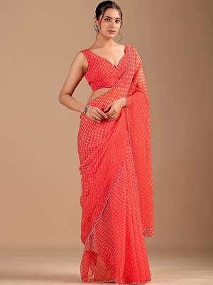 Red Leheriya Beads and Stones work Chiffon Saree with blouse 7