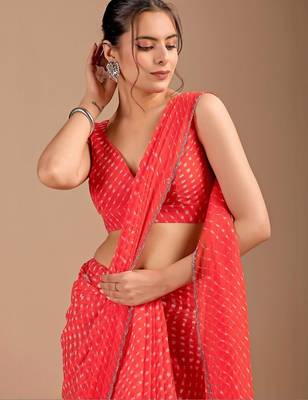 Red Leheriya Beads and Stones work Chiffon Saree with blouse 1