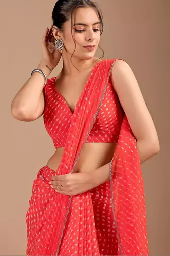 Red Leheriya Beads and Stones work Chiffon Saree with blouse