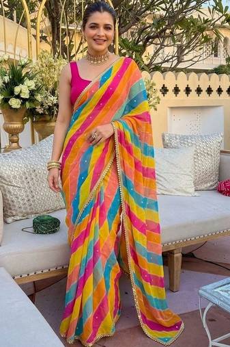 multicolor Striped Georgette Leheriya Saree with blouse