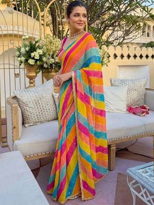 multicolor Striped Georgette Leheriya Saree with blouse 2