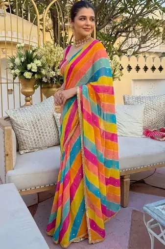 multicolor Striped Georgette Leheriya Saree with blouse
