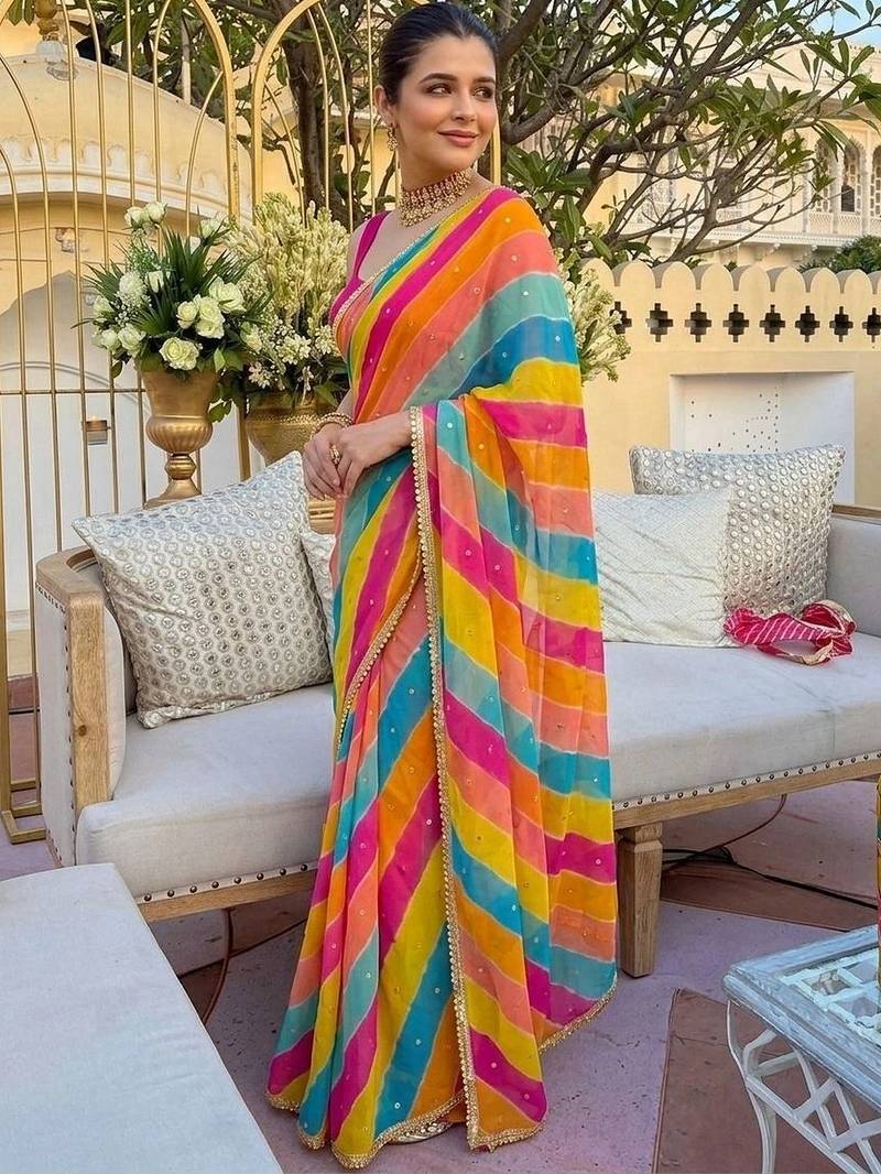 multicolor Striped Georgette Leheriya Saree with blouse