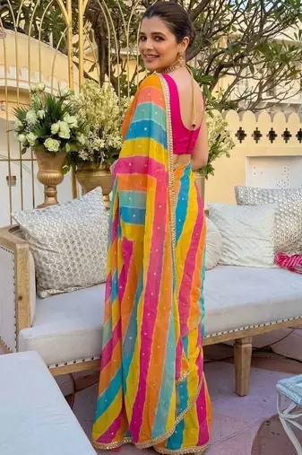 multicolor Striped Georgette Leheriya Saree with blouse