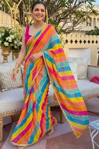 multicolor Striped Georgette Leheriya Saree with blouse