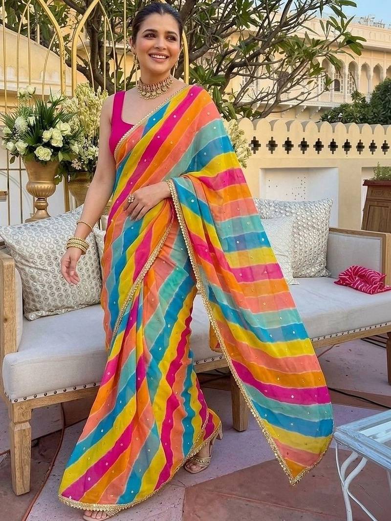 multicolor Striped Georgette Leheriya Saree with blouse