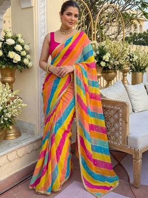 multicolor Striped Georgette Leheriya Saree with blouse 5