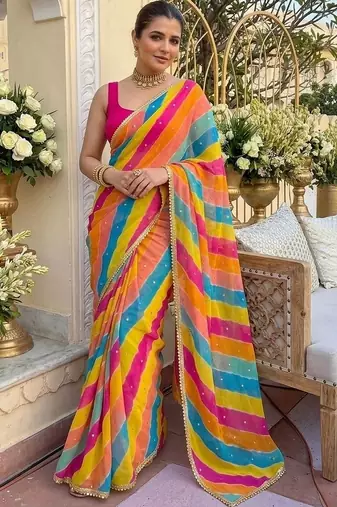 multicolor Striped Georgette Leheriya Saree with blouse