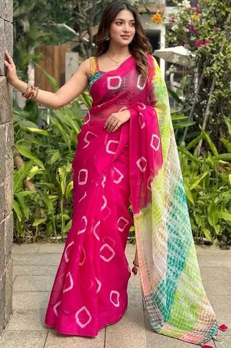Multicoloured Bandhani print saree with blouse