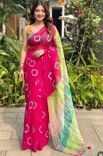 Multicoloured Bandhani print saree with blouse