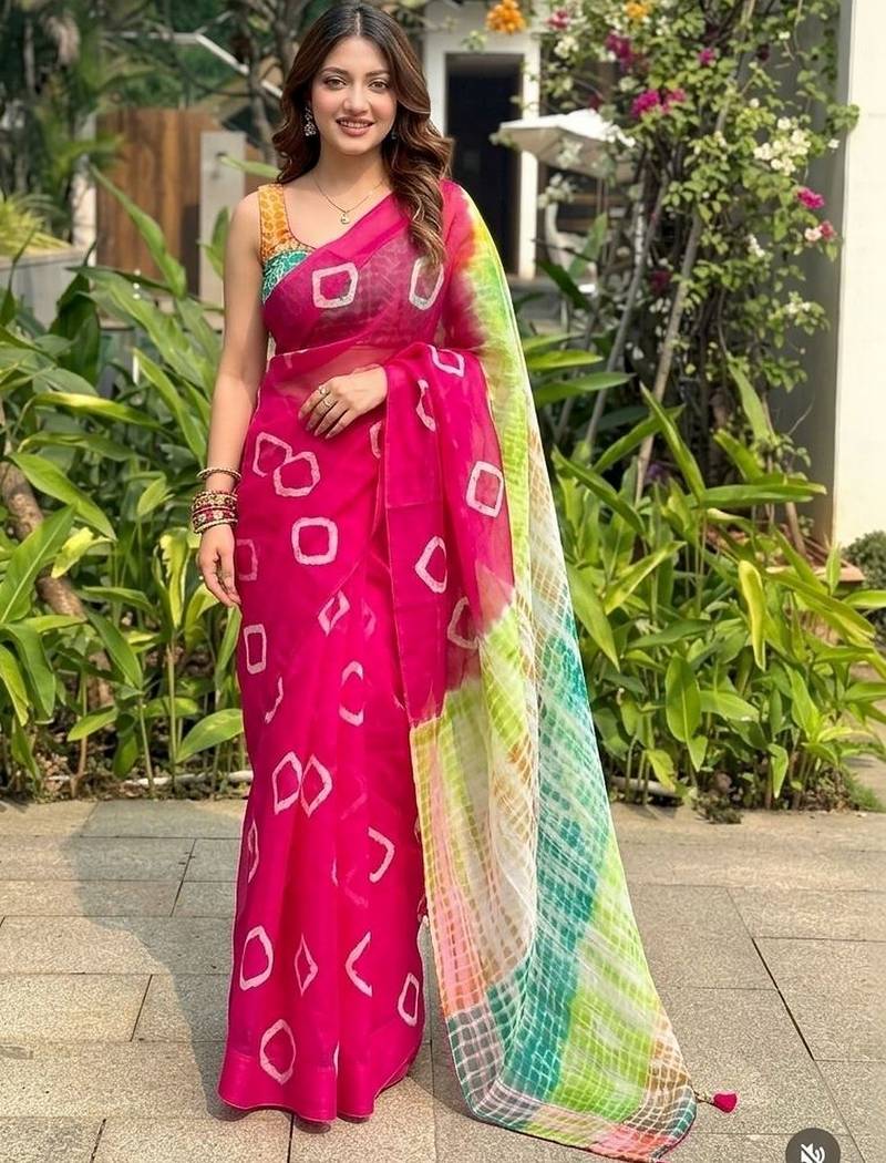 Multicoloured Bandhani print saree with blouse