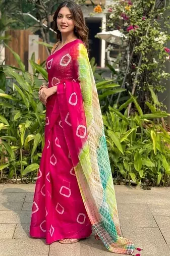 Multicoloured Bandhani print saree with blouse