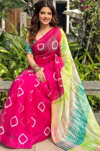 Multicoloured Bandhani print saree with blouse