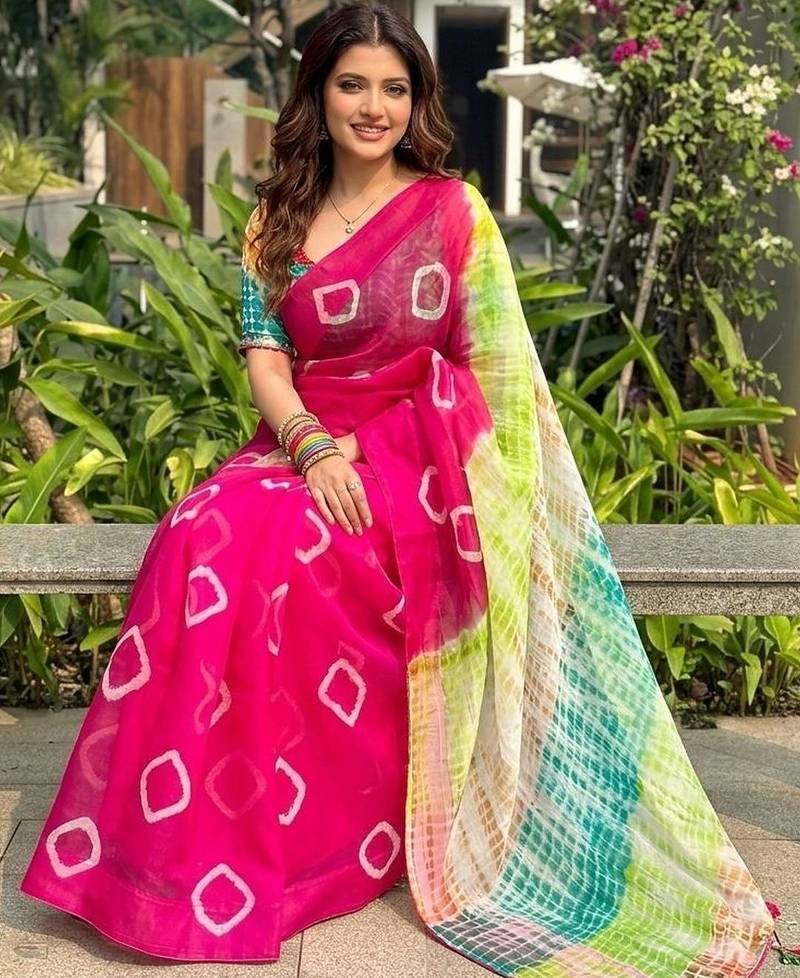 Multicoloured Bandhani print saree with blouse