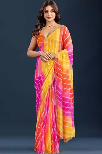 Multicolor Leheriya Zari Chiffon Saree with blouse