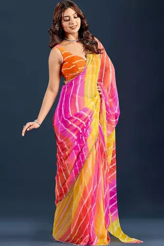 Multicolor Leheriya Zari Chiffon Saree with blouse