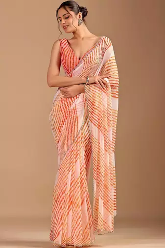 multicolour Leheriya Beads and Stones work Chiffon Saree with blouse