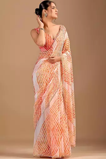 multicolour Leheriya Beads and Stones work Chiffon Saree with blouse