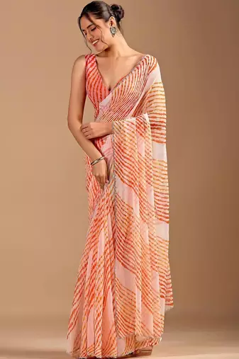 multicolour Leheriya Beads and Stones work Chiffon Saree with blouse