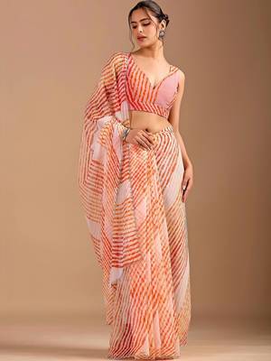 multicolour Leheriya Beads and Stones work Chiffon Saree with blouse 7