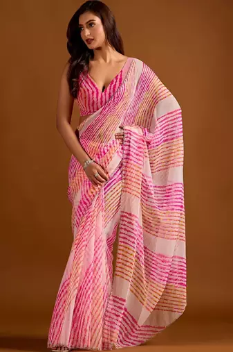 multicolor Leheriya Beads and Stones work Chiffon Saree with blouse