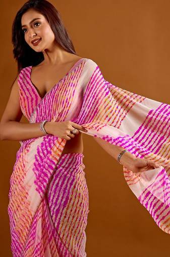 multicolor Leheriya Beads and Stones work Chiffon Saree with blouse