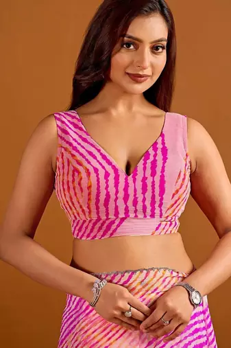 multicolor Leheriya Beads and Stones work Chiffon Saree with blouse