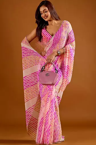 multicolor Leheriya Beads and Stones work Chiffon Saree with blouse