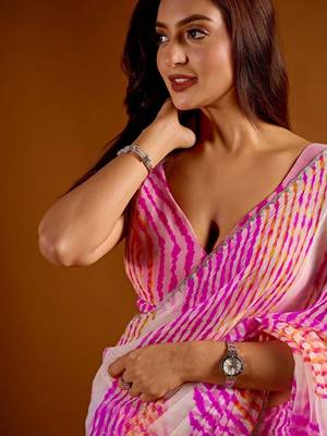 multicolor Leheriya Beads and Stones work Chiffon Saree with blouse 6