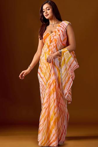 multicolor Leheriya Beads and Stones work Chiffon Designer Saree with blouse