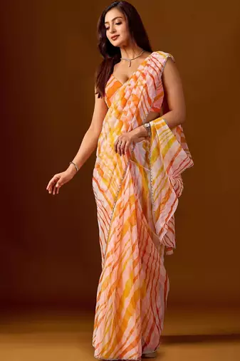 multicolor Leheriya Beads and Stones work Chiffon Designer Saree with blouse