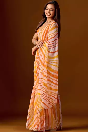multicolor Leheriya Beads and Stones work Chiffon Designer Saree with blouse