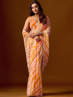 multicolor Leheriya Beads and Stones work Chiffon Designer Saree with blouse 6