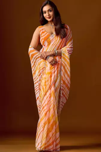 multicolor Leheriya Beads and Stones work Chiffon Designer Saree with blouse